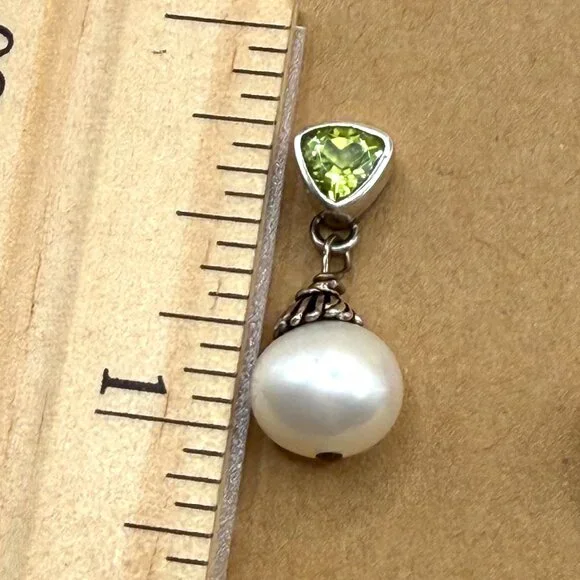 Sterling Silver Green Peridot White Pearl Drop Earrings 925 Pierced Posts - Picture 3 of 9
